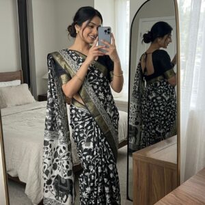 dola zari cotton saree with kalamkari print and jacquard border