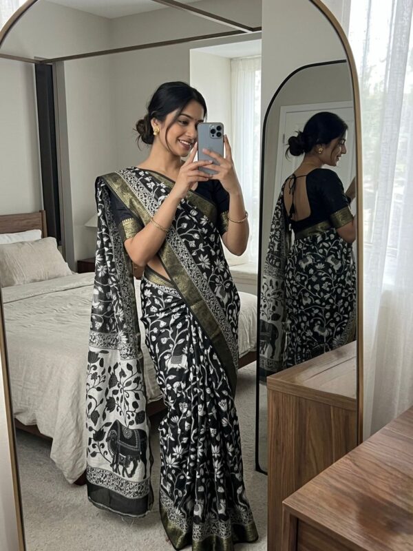 dola zari cotton saree with kalamkari print and jacquard border