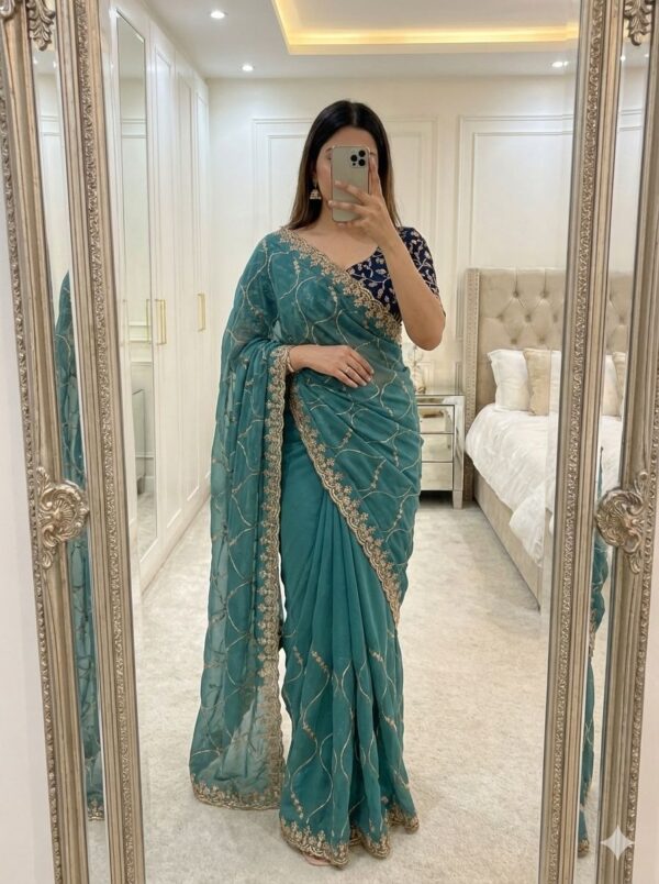 Premium Star Georgette Embroidered Saree with Designer Border & Unstitched Blouse – Elegant Floral Party Wear Saree